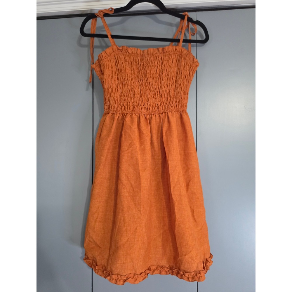 NWT SHEIN Mini Dress Size S Orange Smocked Tie Shoulder Ruffle Hem Sleeveless